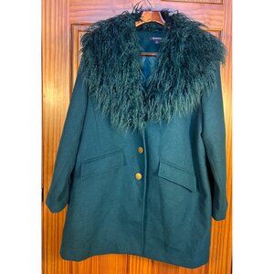 Roamans Womens 22W Green Coat With Faux Fur Collar & Button Closure Penny Lane